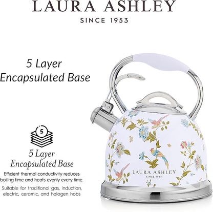 VQ Laura Ashley Elveden White 2.5L Stainless Steel Tea Kettle Stovetop Whistling Teapot for Induction, Gas Hob or others. Silicon Coated Cool Handle & Push Button Mechanism Vintage Stove Top Kettle