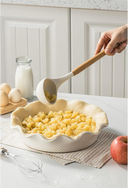 Ceramic Deep Pie Pan for Baking, 11 inch Porcelain Pie Dish for Apple Pie, Oven & Dishwasher Safe, 48 Ounce Deep Plate for Kitchen, Non-Stick Pie Pans,Off-White, Embossed Dots
