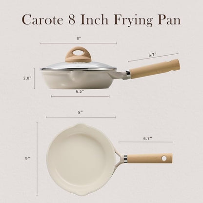 CAROTE 8" Ceramic Frying Pan with Lid, Non Stick Frying Pan Skillet Chef's Pan, Healthy & PFOA/PFAS Free, Induction-Compatible, Taupe