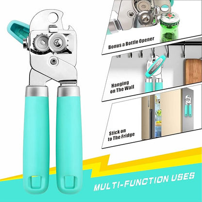 PrinChef Can Opener Manual, Can Tin Bottle Opener with Magnet - No-Trouble-Lid-Lift, Handheld Can Opener Smooth Edge with Sharp Blade, Heavy Duty and Easy to Use, for Seniors with Arthritis, Lake Blue