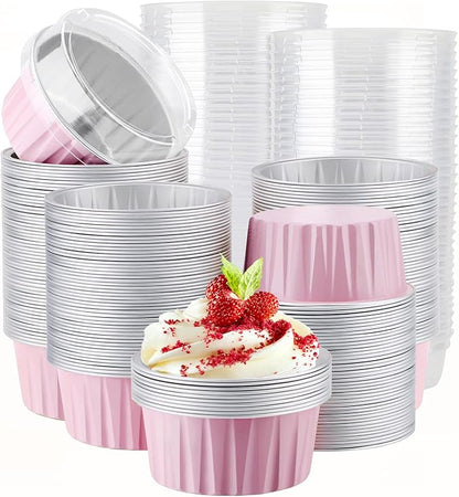 EUSOAR Disposable Ramekins with Lids, 200pcs 5oz Aluminum Foil Cupcake Liners Ramekins Cups for Baking, Dessert Cups Aluminum Cheesecake Pan Creme Brulee Baking Cups for Oven-Pink