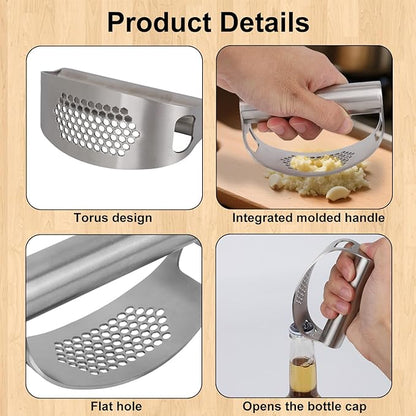 Stainless Steel Hand Garlic Presser Set, Hand Garlic Press with Plastic Peeler Tube and Brush Ginger Crusher Supplies for Kitchen Vegetable Processing Tools