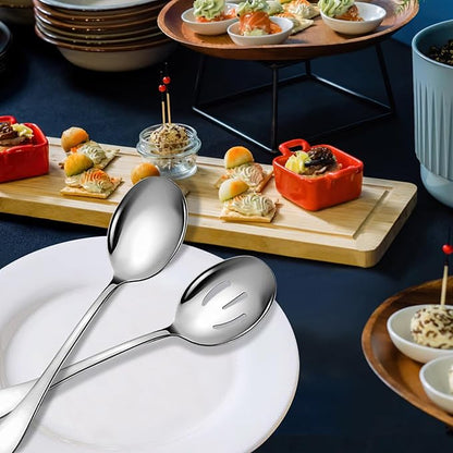 Stainless Steel Serving Spoons Set, 8pc, 10-Inch, Includes 4 Large, 4 Slotted, for Parties/Kitchen/Buffet/Catering, Dishwasher Safe