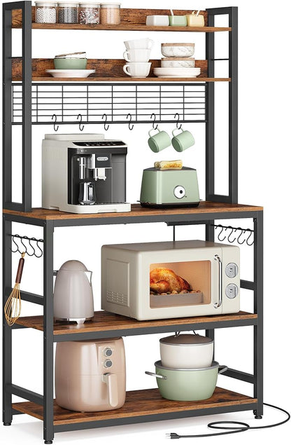 VASAGLE Hutch Bakers Rack with Power Outlet, 14 Hooks Microwave Stand, Adjustable Coffee Bar with Metal Wire Panel, Kitchen Storage Shelf, 15.7 x 31.5 x 66.9 Inches, Rustic Brown and Black UKKS025B01