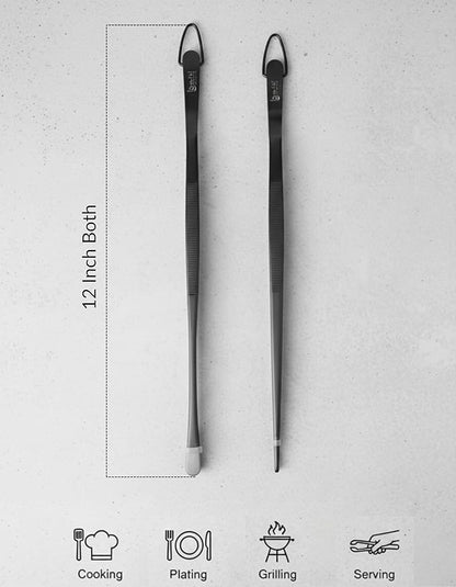 Tweezer Tongs Set of 2 – Boxiki Kitchen 430 Stainless Steel Cooking Tweezers, Long Chef Tweezers for Plating, Grilling, Baking, Pasta, Food Handling, Cake Decorating & Culinary Use