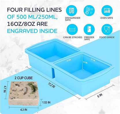 Silicone freezer molds, 2-cup Silicone Freezer Trays with Lid,Soup Freezer Container large Ice Cube Molds, Perfect for Storing Lasagna, Leftovers, Sauces, Portioned Meals and More dishwasher safe