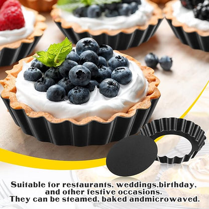 Tessco 16 Pieces Mini Tart Pans with Removable Bottom Nonstick Quiche Mini Pie Tart Pans Bakeware Mold Fluted Side for Pies(Black Gray Round,4 Inch)