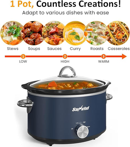 Sunvivi 4 Quart Slow Cooker & Mini Food Warmer with 3 Heating Settings, Removable Ceramic Pot, Dishwasher Safe Glass Lid, Stainless Steel, Blue
