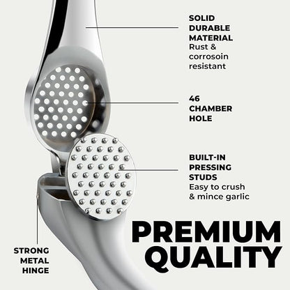 Zulay Kitchen Large Premium Garlic Press Set – Rust Proof & Dishwasher Safe, Bigger Bowl Garlic Mincer Tool with Silicone Garlic Peeler & Brush, Easy Squeeze & Clean, Ergonomic Handle - Chrome