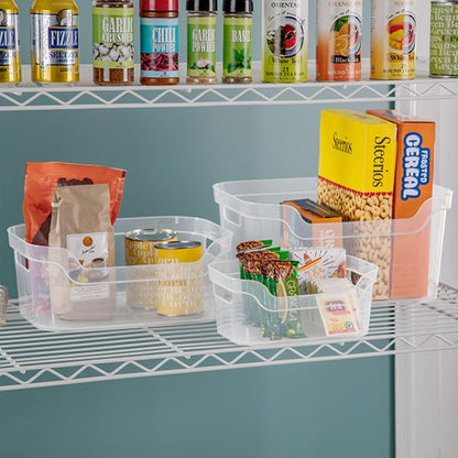 Sterilite 7 x 11 x 14.25 Inch Polished Open Scoop Front Storage Bin with Comfortable Carry Through Handles for Household Organization, Clear (18 Pack)