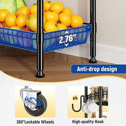 7 Tier Wire Shelving Unit with Wheels 72" H Adjustable Basket Shelf Storage Shelves with Hooks for Kitchen Bathroom Garage Closet Laundry Room Organization 72" H x 24" W x 14" D, Black