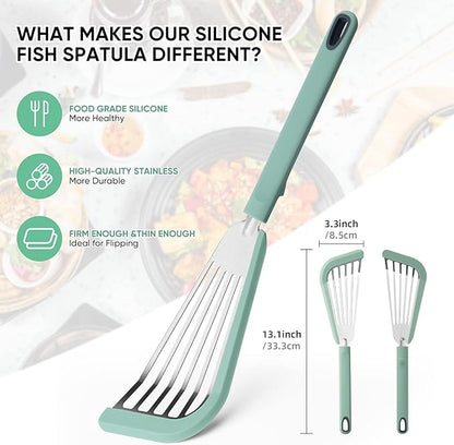 Nonstick Fish Spatula,Maywe Tanso Thin Slotted Spatulas Turner Silicone Fish Spatulas for Nonstick Cookware,High Heat Resistant BPA Free Cooking Utensils,Ideal for Fish,Eggs,Pancakes