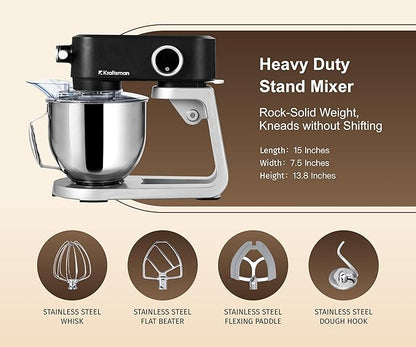 Stand Mixer All Metal - Heavy Duty Kitchen Standing Mixer 5.3 Quart with 4 Stainless Steel Attachments, DC Motor & Multifunctional Power Hub, 8-Speed & Timer, Lower Noise (Black)