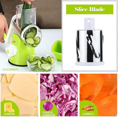Ourokhome Rotary Cheese Grater Hand Crank, Kitchen Shredder Speed Mandolin Slicer Nut Grinder with Handle and Drum Blades for Cheese, Vegetable, Walnut, Chocolate, Potato, Carrot, 3 Blades, Green