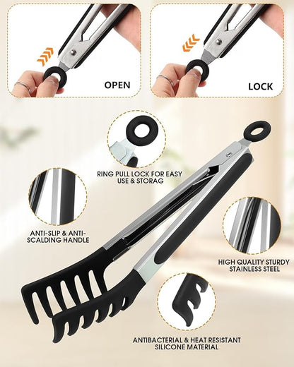 Spaghetti Spoon and Pasta Tong with Grip Teeth and Drain Holes, 2-Piece Non-Stick Silicone Head with Stainless Steel Handle, Heat Resistant Food Grade Utensils for Cooking, Serving, Salad and Noodles