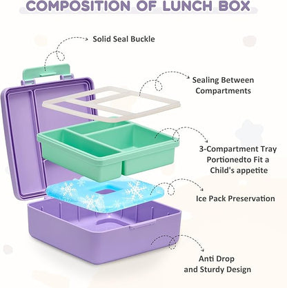 Lunch Box Set with Bento Box Container, 17OZ Stainless Steel Food Soup Thermo, Kids Water Bottle & Portable Insulated Lunch Bag, Leakproof, Hot/Cold Retention for School, Travel (Purple-Horse)