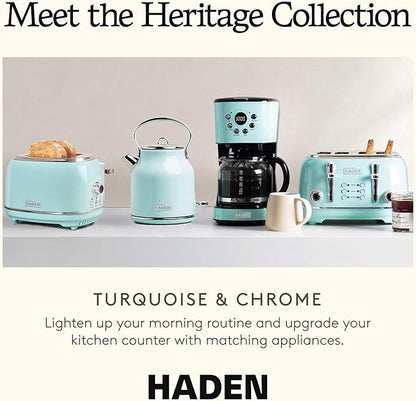 Haden Heritage 4 Slice Wide Slot Stainless Steel Toaster with Adjustable Browning Control & Non-Slip Feet, Turquoise & Chrome
