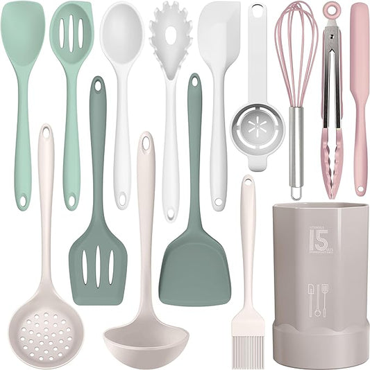 Silicone Cooking Utensils Set - 446°F Heat Resistant Silicone Kitchen Utensils,Spatula,Spoon, Kitchen Utensil Sets Gadgets Tools Set for Nonstick Cookware,Dishwasher Safe BPA FREE (Multicolor)