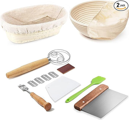 Banneton Bread Proofing Basket Banneton Basket Set Sourdough Proofing Basket Round Proofing Bowls Handmade Rattan Baskets and Liners (Oval & Round Baking Set)