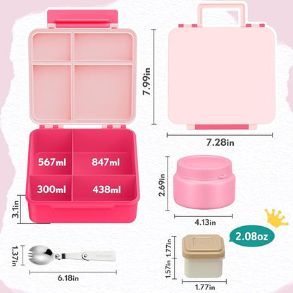 Kids Bento Lunch Box with 8oz Soup Thermo, Kids Leakproof Lunch Food Containers with 4 Compartment,Insulated Hot Food Jar with Lunch Bag for School, Travel (Pink-No lunch bag)