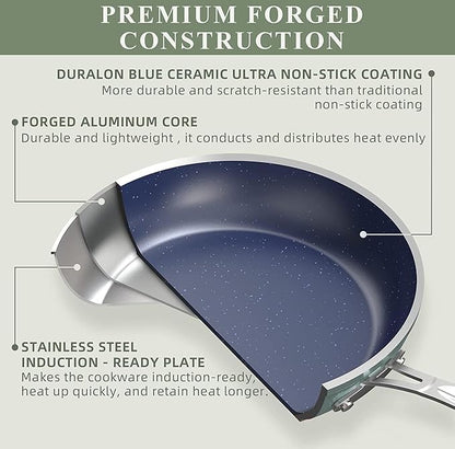 Nuwave 9pc Cookware Set Healthy Duralon Blue Ceramic Nonstick Coated, Diamond Infused Scratch-Resistant, PFAS Free, Oven Safe, Induction Ready & Evenly Heats, Tempered Glass Lids & Stay-Cool Handle