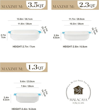 MALACASA Casserole Dishes for Oven, Ceramic Baking Dishes Set of 3, Rectangular Lasagna Pan Deep Baking Pans, Bakeware Sets with Handles Gift Set, White with Blue Trim(13.8''/11.7''/9.4''), Series BAKE