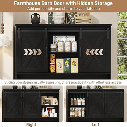 67.7 Inch Farmhouse Pantry Storage Cabinet with Sliding Barn Doors, 2 Drawer Farmhouse Coffee Cabinet with Adjustable Shelf, Side Board with Buffet Cupboard for Livingroom Kitchen, Black