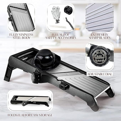 Gramercy Adjustable Mandoline Slicer for Kitchen, Potato Cutter, Vegetable Chopper, Mandolin, Cucumber Slicer- INCLUDING one Pair Cut-Resistant Gloves and Waffle Fry Cutter