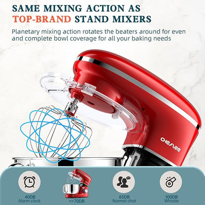 CHeflee Stand Mixer,600W 6+P With 6.5QT Stainless Steel Bowl,Dough Hook, Wire Whip & Beater,for Most Home Cooks,Red
