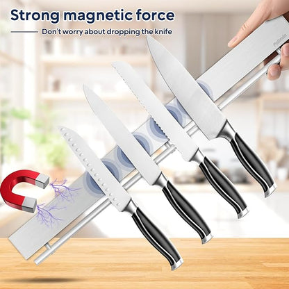 20 inch magnetic knife holder with 10 hooks, no drilling knife magnetic strip, and utensil hanger for wall. Powerful knife magnet rack includes tape and screw