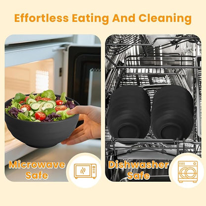 Homienly Unbreakable Big Bowl Set of 8: Alternative to Large Plastic Bowls - 60oz Wheat Straw Bowls for Salad, Soup & Cereal, Microwave & Dishwasher Safe for Everyday Use & Picnics - Black
