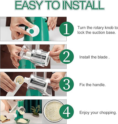 Ourokhome Rotary Cheese Grater Hand Crank, Kitchen Shredder Speed Mandolin Slicer Nut Grinder with Handle and Drum Blades for Cheese, Vegetable, Walnut, Chocolate, Potato, Carrot, 3 Blades, Emerald