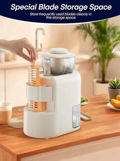 FOHERE Multifunctional Electric Cheese Grater, 6 Blades & 1.8L Container Nut Chopper, Vegetable Slicer, Food Slicer for Onion, Carrot, Cucumber (White)