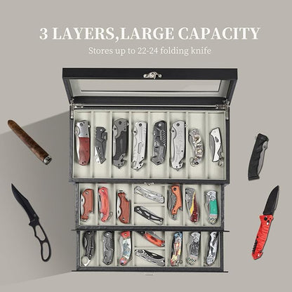 AUTOARK 3-Tier PU Leather & Velvet Knife Organizer with 26 Slots,Transparent Glass Top & Drawer,Compact Storage for Pocket Knives,Ideal for Men's Collections & Gifts,Black,MKAW016