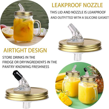 Mason jar pour spout. Free Flow Mason Jar Pour Spout, Mason Jar Regular Spout Dispenser For Any Liquid. Leakproof, Gold (2-Pack + 2 Black Lids)