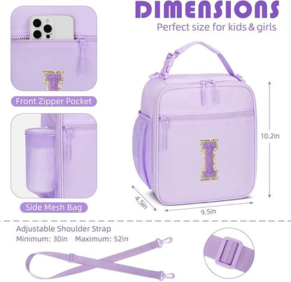 Initial Insulated Lunch Bag for Girls Kids, Back to School Gift, Reusable Leak-proof Lunch Box with Adjustable Strap for School Daycare Travel Picnic (Purple,I)