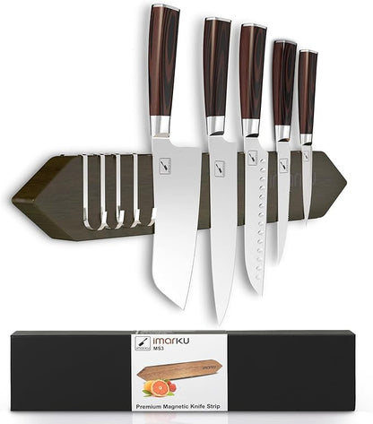 imarku Magnetic Knife Holder for Wall - 16 Inch Acacia Wood Magnetic Knife Strip with Powerful Magnet, Knife Magnetic Strip for Kitchen Utensil Organizer with 4 Hooks, Dark Gray