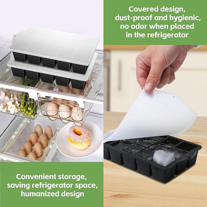 FANYITY Bpa Free Silicone Ice Cube Trays 4-Pack with Locks lids,Easy Release Ice Molds for Freezer,Perfect for Cocktails, Whiskey, Coffee