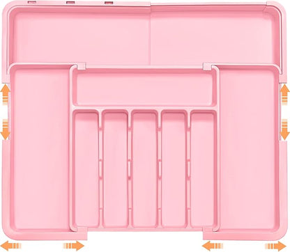Silverware Organizer Expandable Kitchen Utensil Drawer Organizer Large BPA Free Adjustable Cutlery Silverware Tray for Spoons Forks Knives Storage Divider for Kitchen Flatware 6-9 Slots Pink