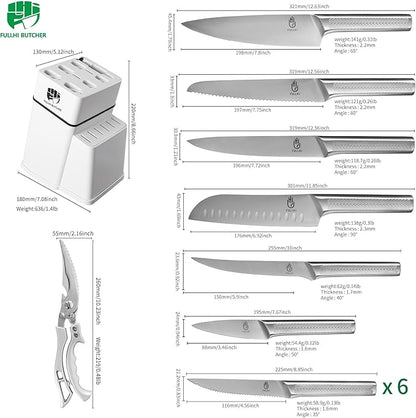 FULLHI 14pcs Knife Block Set, Dishwasher Safe Kitchen Knife Set with Built-in Sharpener, Stainless Steel Chef Knives Set with Knife Holder Kitchen Scissors