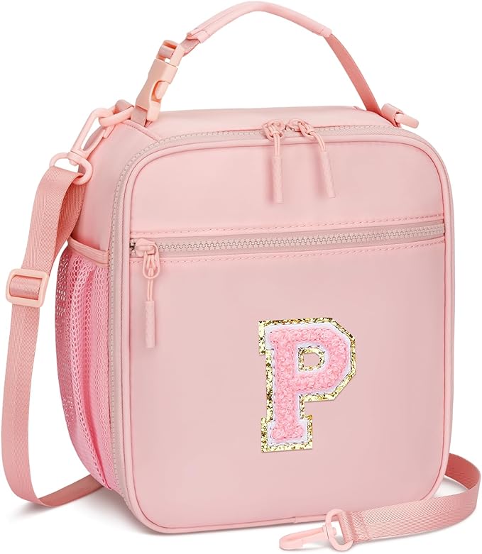 Initial Insulated Lunch Bag for Girls Kids, Back to School Gift, Reusable Leak-proof Lunch Box with Adjustable Strap for School Daycare Travel Picnic (Pink,P)