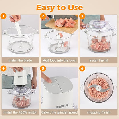 Food Processors with 2 Bowls, 400W Meat Grinder, Food Chopper Electric, 2 Speed, 8Cup Glass and 8Cup 304 Stainless Steel, 2 Blades, Spatula (White)