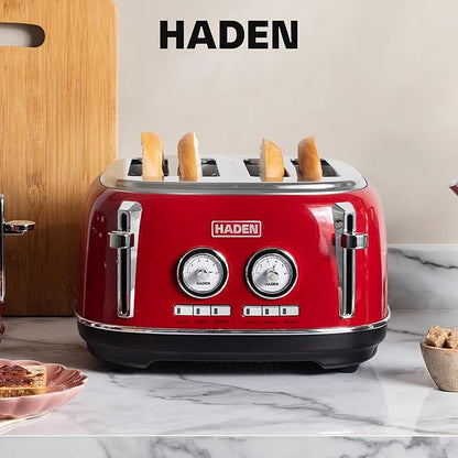 Haden Dorset 4 Slice Wide Slot Stainless Steel Toaster with Adjustable Browning Control & Non-Slip Feet, Rectory Red