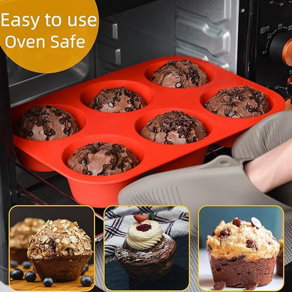 Silicone Jumbo Muffin Pan, 3.5 Inch Silicone Texas Muffin Pan 6 Cup Large Cupcake Pan Nonstick BPA Free 2 Pack Red