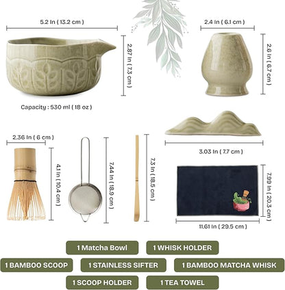 Matcha Whisk Set, 7 PCS Matcha Kit with Matcha Bowl with Spout, Bamboo Matcha Whisk and Scoop, Matcha Accessories & Sifter – Complete Matcha Set for Tea Lovers, Matcha Gift Set (Green)