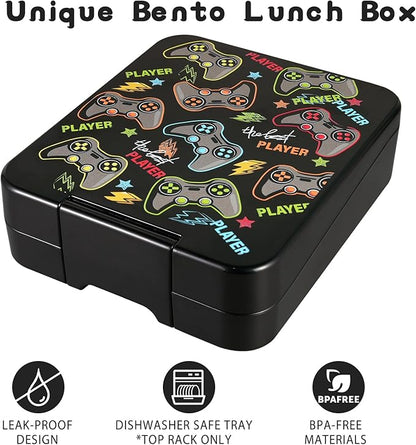Bento Lunch Box Set for Kids with 10oz Soup Thermo, Leak-Proof Lunch Containers with 4 Compartment, Kids Thermo Hot Food Jar and Insulated Lunch Bag for Kid to School,BPA-Free(Black-Game Console)