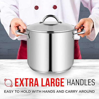 Stainless Steel Stockpot with Tempered Glass Lid 16 Quart, Durable 18/0 Stainless Steel, Impact-Bonded Base for Even Heating, Riveted Handles, Oven & All Stove Compatible, Safe Up To 500°F (260°C)