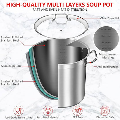Large Stock Pot 20 Quart - Commercial Grade Soup Pot With Glass Lid - Nickel Free Stainless Steel Cookware - Healthy Polished Stockpots - Heavy Duty Induction Pots