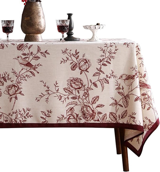 ISAENNE Designer Vintage Linen Table Cloth for Rectangle Table,Red Floral Pattern Linen Stain Resistant Tablecloth,Decor Tablecloths for Dining Thanksgiving Kitchen Party,55"*79"-Harmony