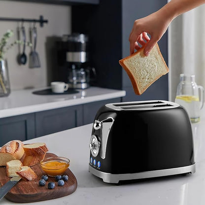 CUSIMAX Toaster 2 Slice with Extra Wide Slots for Bagels, Stainless Steel with 6 Toast Settings and 4 Functions, Bagel, Cancel, Defrost & Reheat, Removable Crumb Tray, Retro Toaster Black